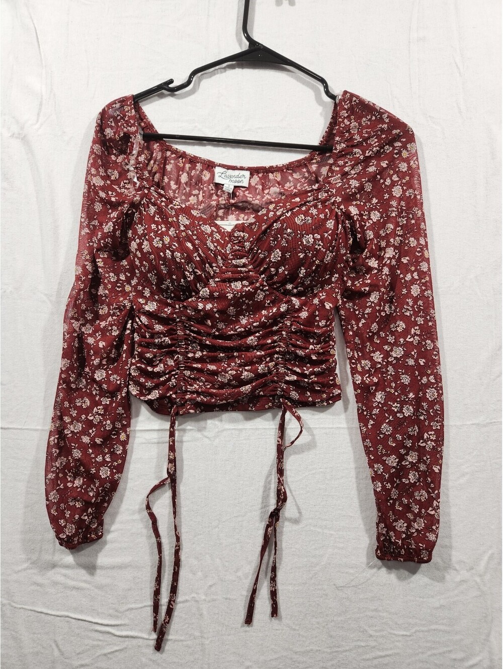 Lavender Moon Maroon Floral Ruched Mesh Milkmaid Long Sleeve Crop Top Size Small